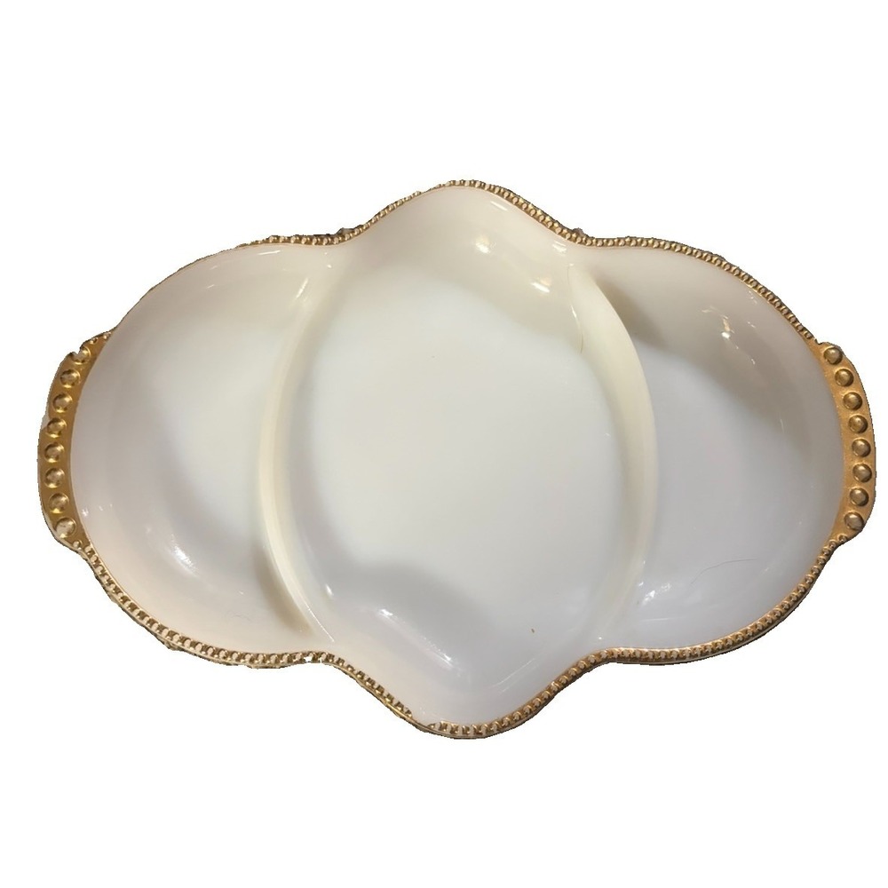 Vintage Fire King Milk Glass Divided Relish Dish Gold Beaded Trim Anchor Hocking